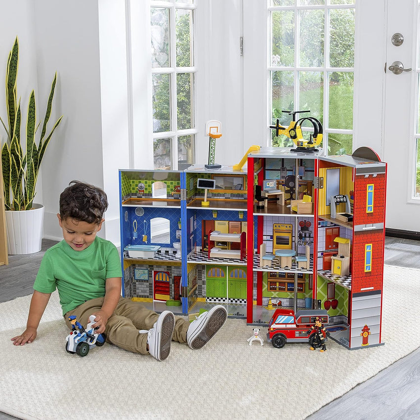 Wooden play set. 3 levels. with 26 accessories. folds for storage