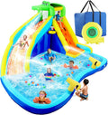 Inflatable Water Slides for Kids 8-in-1 Bounce House Water Park with 450W Blower Climbing Wall. Splash Pool. 2 Water Cannons. Basketball Hoop. Water Slide. Crocodile Sprinkler for Gift Backyard Party