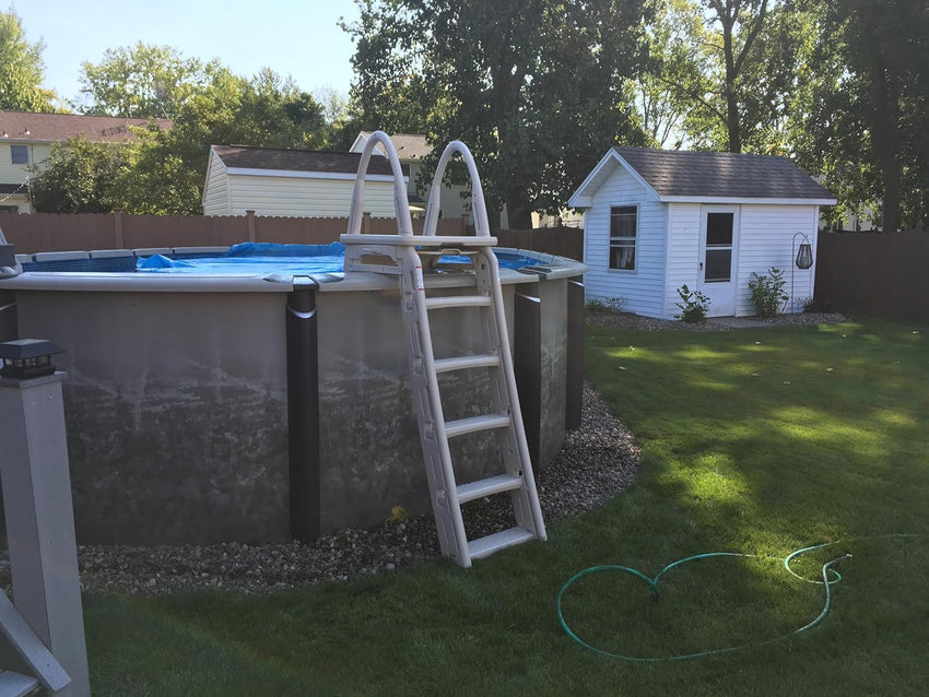Confer Plastics 7200 Roll Guard 48 to 56 Adjustable A Frame Safety Ladder For Above Ground Outdoor Patio Swimming Pool Platform Ladder with Step Barrier. Warm Grey